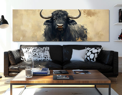 Black Buffalo Painting – Large Bull Canvas Print | Abstract Buffalo Poster, Framed Wall Art