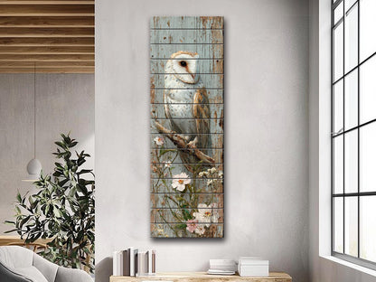 Rustic Wood Wall Art – Barn Owl and Wildflowers on Wood Planks – Farmhouse Nature Decor