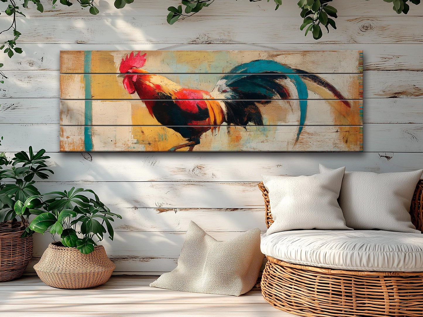 Rustic Rooster Print on Natural Wood, Rooster Painting, Chicken Farm Decor, Farmhouse Wall Decor, Wood Wall Art, Cozy Cabin Wall Decor
