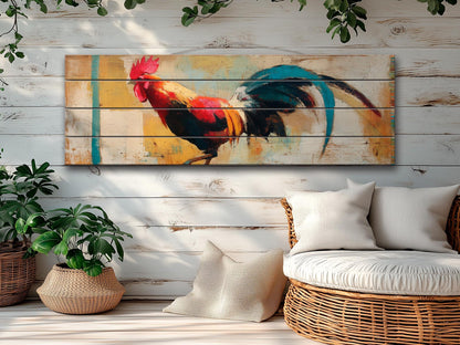 Rustic Rooster Print on Natural Wood, Rooster Painting, Chicken Farm Decor, Farmhouse Wall Decor, Wood Wall Art, Cozy Cabin Wall Decor