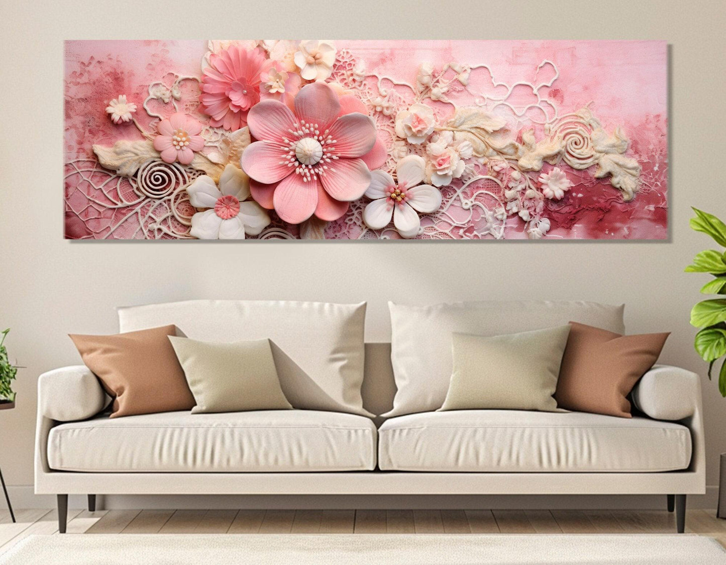 Abstract Floral Canvas Print – Pink Damask, Embroidered Doily Art | Ready to Hang