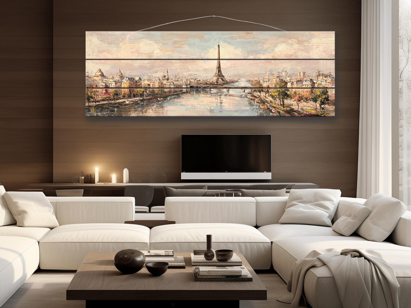 Paris Wall Art – Eiffel Tower Painting on Rustic Wood | Beige Pastel Oil Print