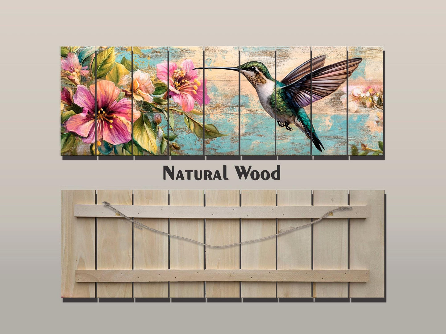 Hummingbird Wood Art – Tropical Floral Print | Rustic Wood Wall Decor, Ready to Hang