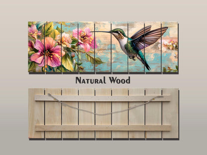 Hummingbird Wood Art – Tropical Floral Print | Rustic Wood Wall Decor, Ready to Hang