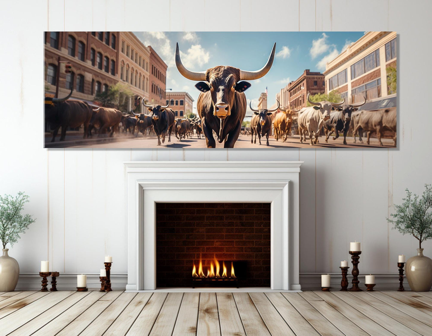 Fort Worth Bulls Canvas Framed Cotton Print – Running Bulls Poster | Ready to Hang Art