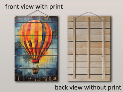 Rustic Wooden Wall Art – Hot Air Balloon Art on Natural Wood Print | Ready to Hang