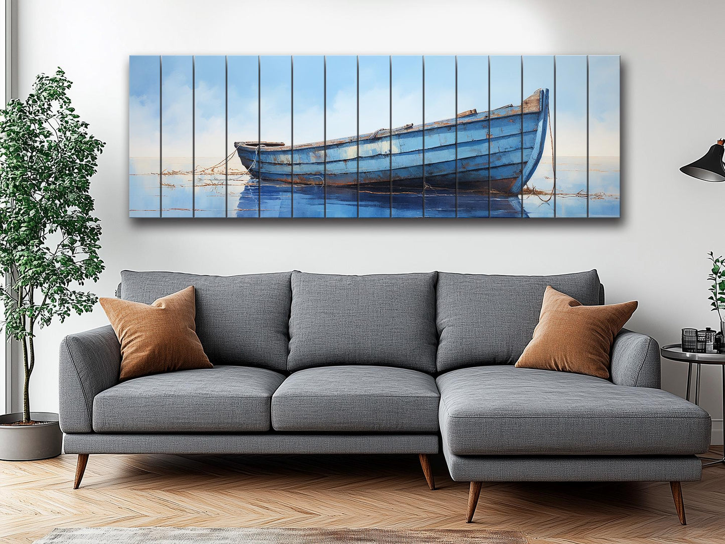 Rustic Blue Boat Art – Natural Wood Wall Art | Coastal Decor, Ready to Hang