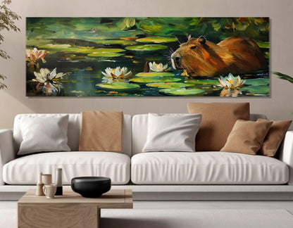 Capybara in the Lake with Water Lilies Painting Canvas Print, Modern Wall Art, Abstract Capybara Painting, Framed and Ready to Hang