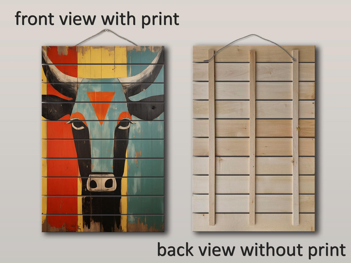 Cow Wall Decor - Abstract Cow Painting on Natural Wood Print | Egyptian Style Decor