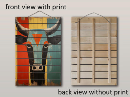 Cow Wall Decor - Abstract Cow Painting on Natural Wood Print | Egyptian Style Decor