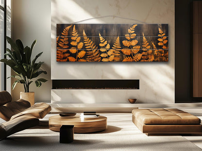 Golden Ferns Rustic Art Printed on Natural Wood – Botanical Wall Decor