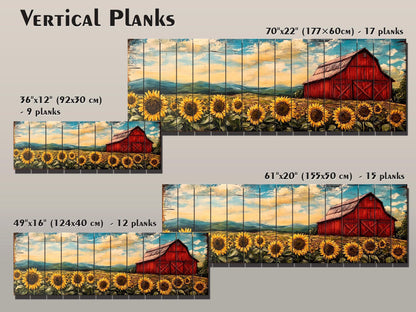 Rustic Wooden Wall Art – Old Red Barn on Sunflowers Field Print, Natural Wood Decor