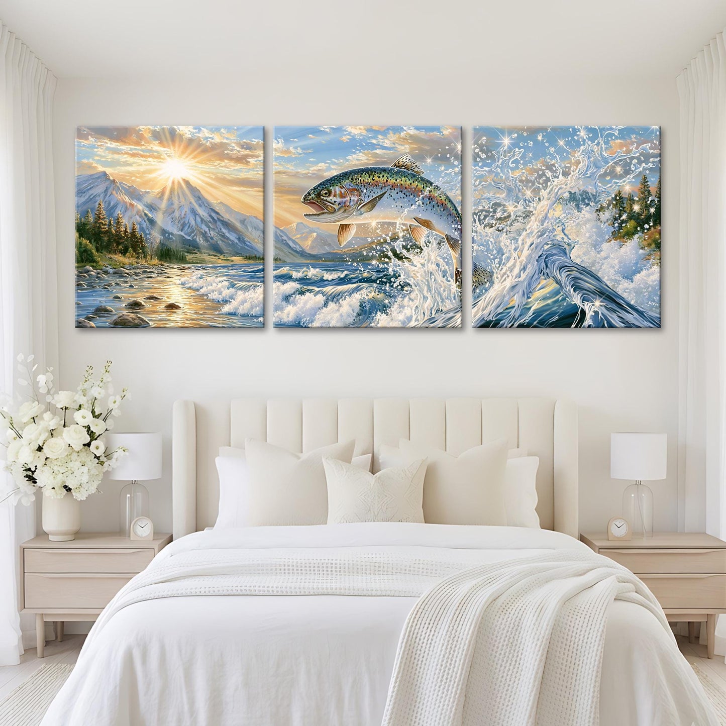 A bedroom with a large bed and white bedding. Above the bed are three large paintings depicting a mountain landscape, a fish jumping out of the water, and a wave crashing.