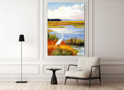 White Heron Canvas Print – Rustic Landscape Poster | Framed Cotton Canvas Art
