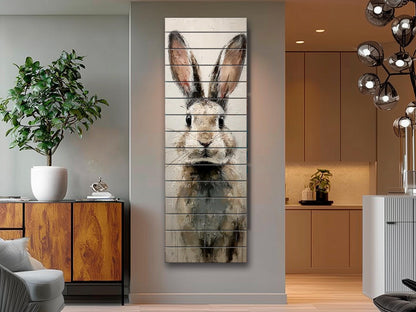 Rabbit Portrait Print on Wood – Beige and Gray Brushstroke Oil Painting, Neutral Rustic Wall Art