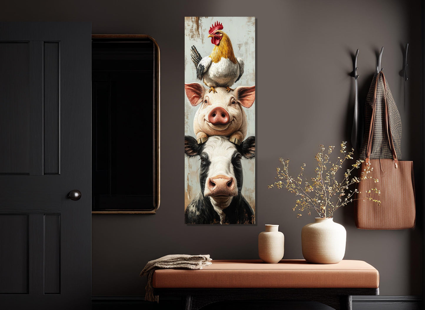Farm Animal Wall Art - Chicken Pig Cow Canvas Print | Rustic Farmhouse Decor, Ready to Hang