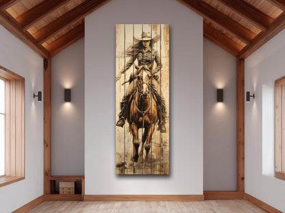 Rustic Cowgirl Art Print – Western Wall Decor | Natural Wood Wood Print Art