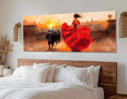 Corrida Painting Canvas – Lady in Red Dress Bullfight Wall Decor, Framed Art