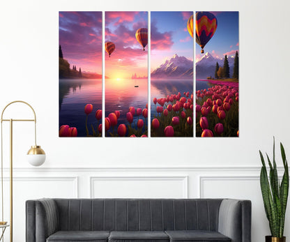 Air Balloons Canvas Print – Framed Lake Landscape Art with Pink Tulips