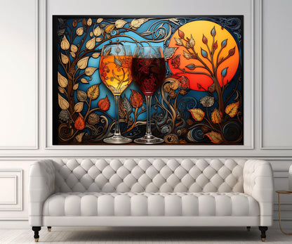 Glasses with White and Red Wine Painting Canvas Print, Madhubani Style Wine Wall Art, Wine Shop Decor, Framed and Ready to Hang
