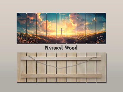Christian Wood Wall Art – Cross Sunset Painting on Natural Wood Planks | Handcrafted Rustic Farmhouse Decor