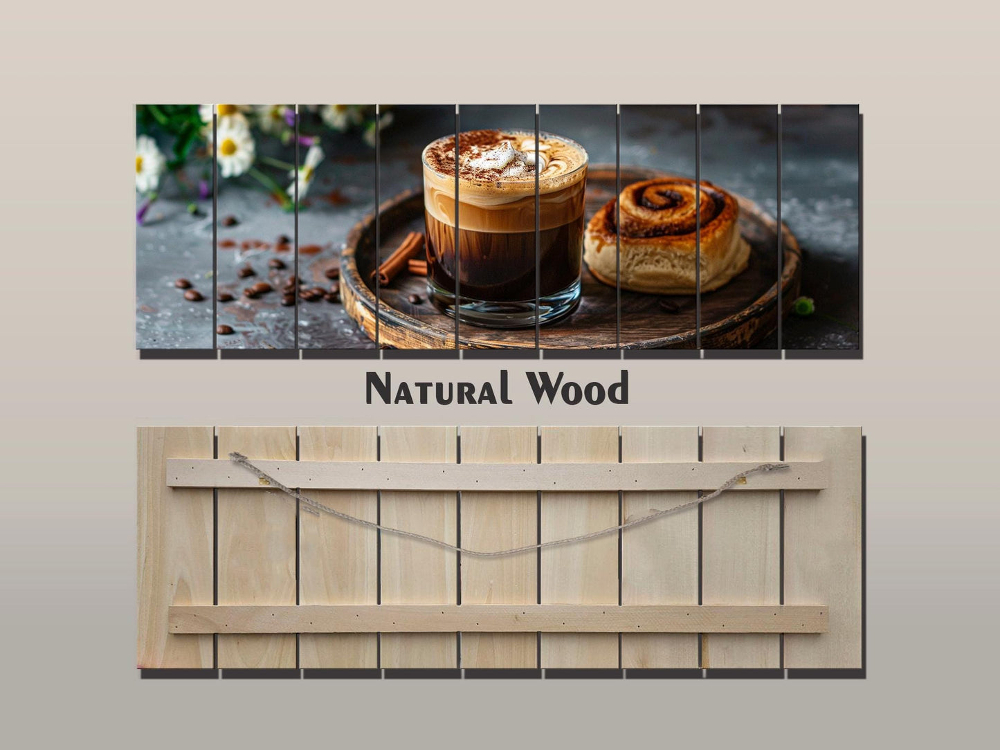 Rustic Kitchen Wall Art – Coffee Cinnamon Print on Natural Wood Plank Decor