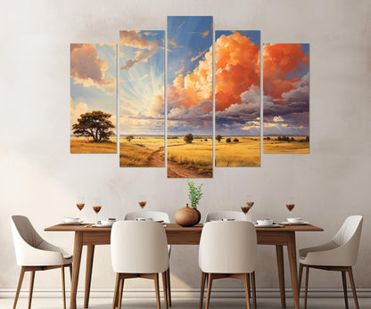Rustic Landscape Canvas Print – Scenic Field Painting with Golden Autumn Decor