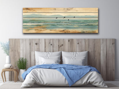 Coastal Wood Art – Pelican Wall Print on Natural Linden Wood, Rustic Beach Decoration