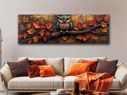 Owl Wood Wall Art – Rustic Autumn Wood Plank Painting with Glowing Fall Leaves