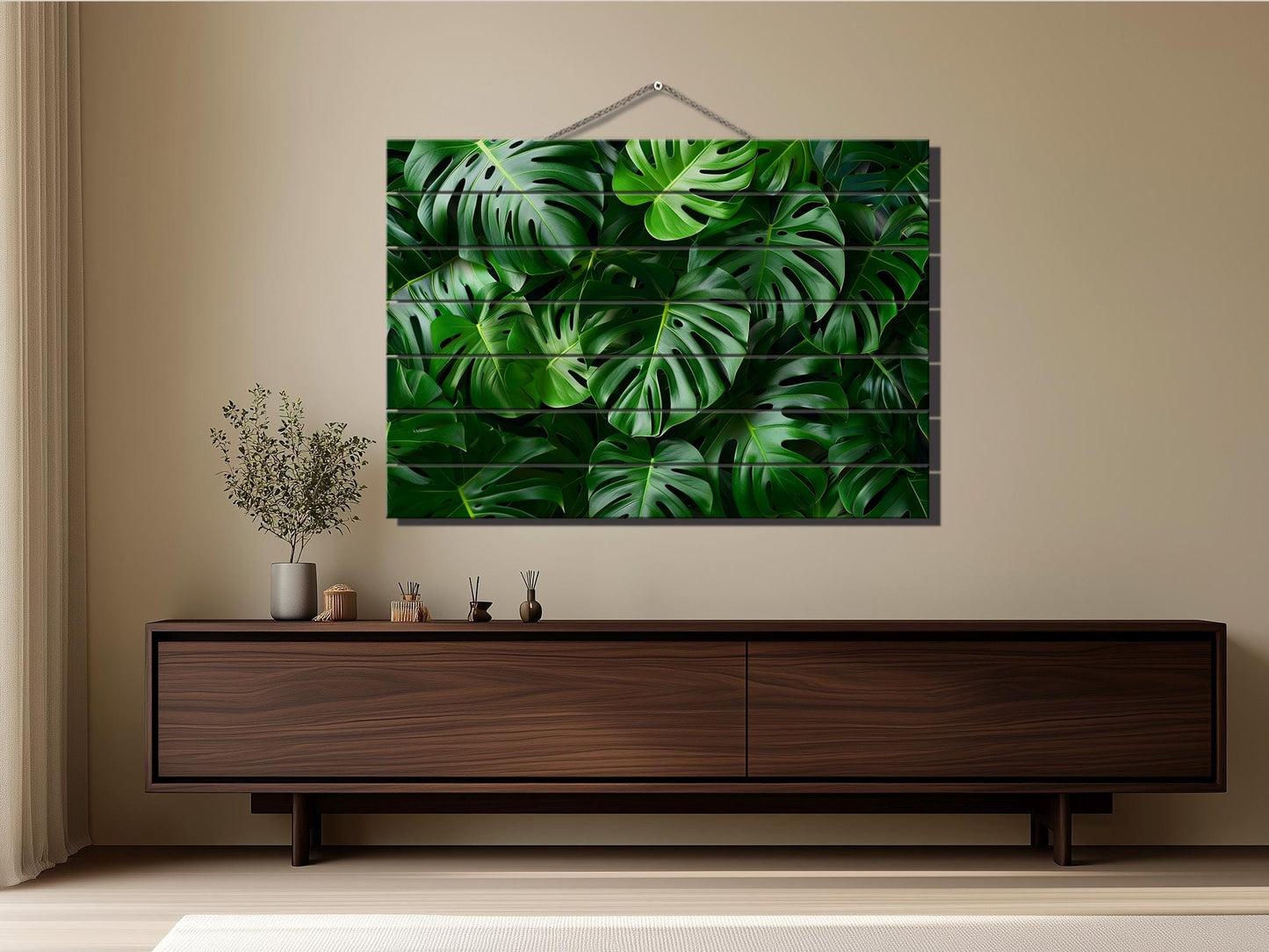 Wood Wall Art - Tropical Green Leaves Print on Natural Wood, Abstract Deep Green Wall Art, Tropical Wall Art, Modern Palm Leaf Print