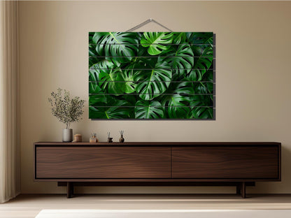 Wood Wall Art - Tropical Green Leaves Print on Natural Wood, Abstract Deep Green Wall Art, Tropical Wall Art, Modern Palm Leaf Print