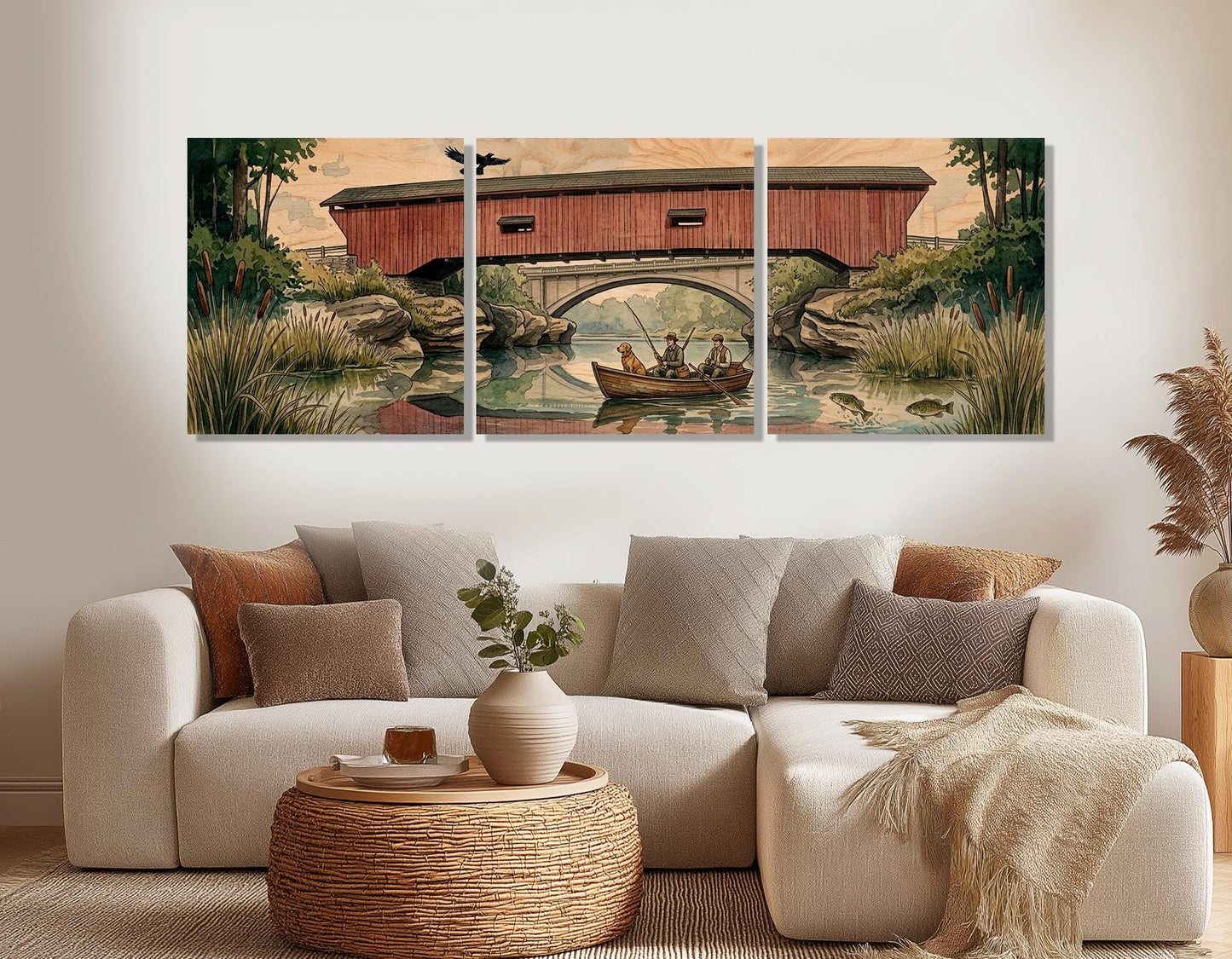 Narrows Bridge Canvas Print, Panoramic Covered Bridge Painting, Large River Wall Art, Framed and Ready to Hang