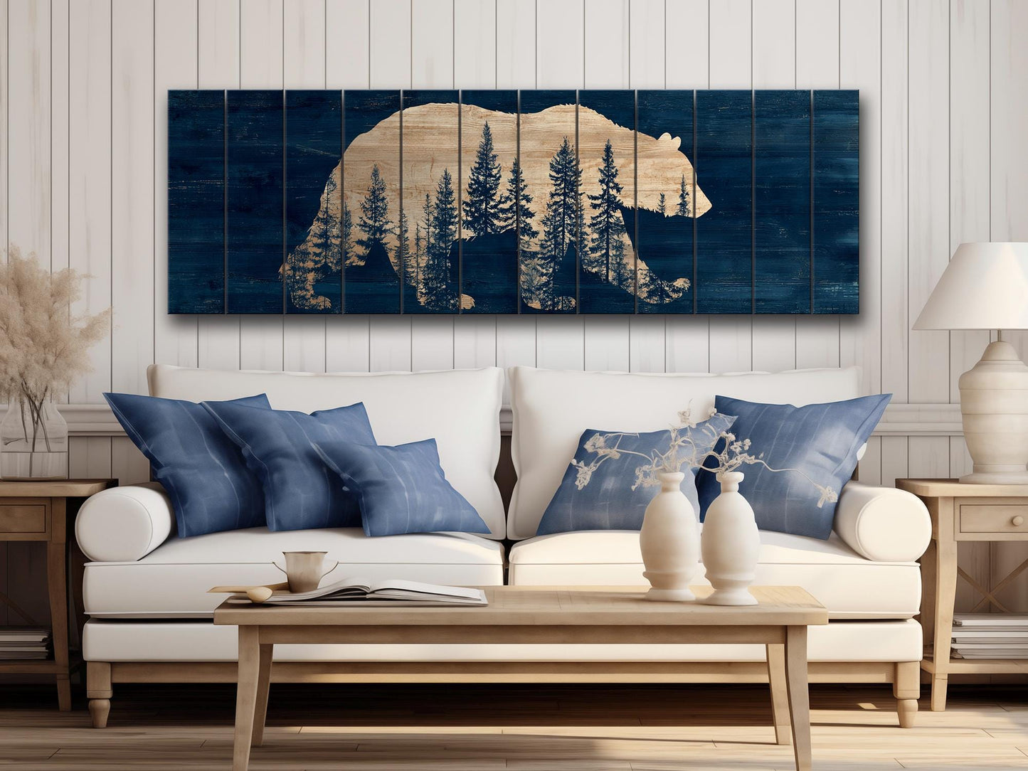 Bear Silhouette Wall Art – Rustic Cabin Decor with Pine Forest Print on Wood