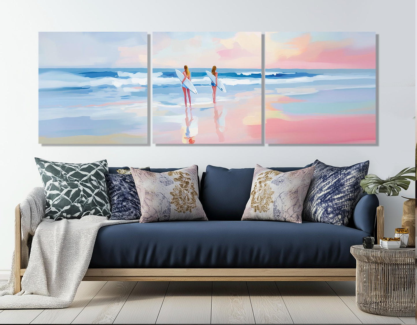 Surfer Girls Canvas Print – Large Pink Sunset Beach Canvas Decor | Ready to Hang