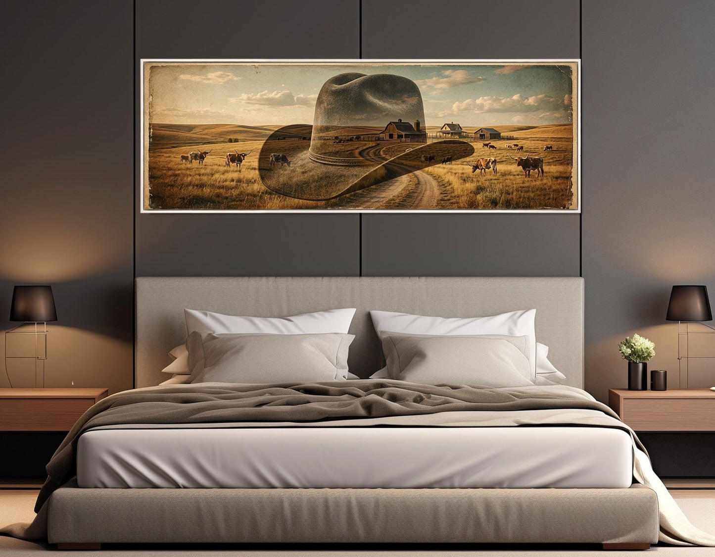 Cowboy Hat Canvas Print, Ranch Painting, Large Western Wall Art, Framed and Ready to Hang