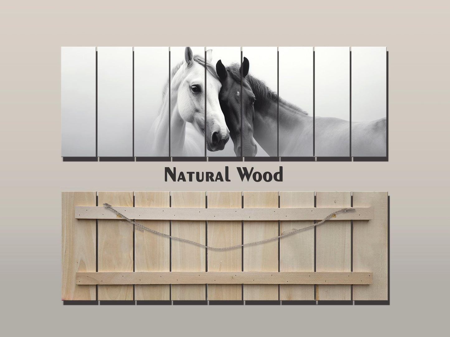 Wooden Wall Art – Black and White Horses Couple Print on Natural Wood Planks