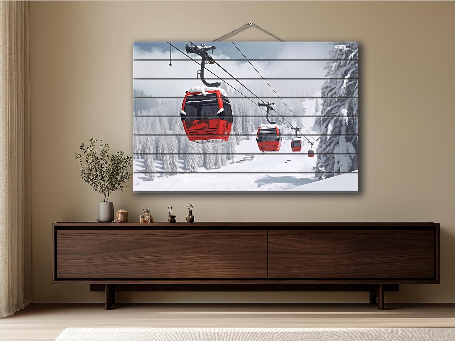 Winter Landscape Wood Print – Rustic Ski Lift Poster | Cozy Wood Wall Art