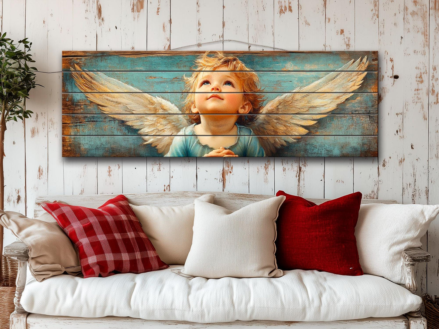 Christian Wall Art - Rustic Angel Painting on Natural Wood | Bible Wall Decor