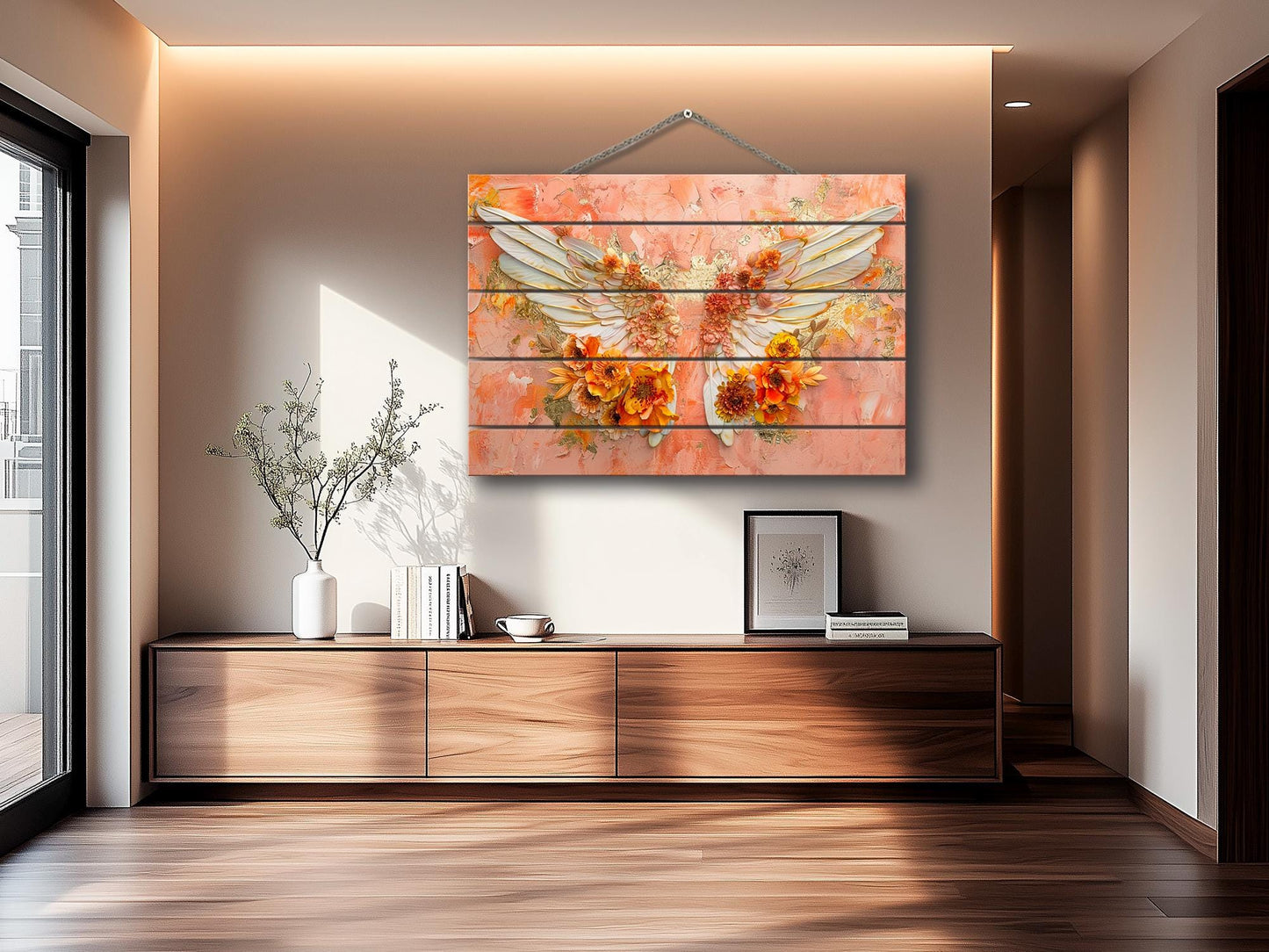 Wood Wall Art – Angel Wings Painting on Wood Planks | Rustic Religious Decor