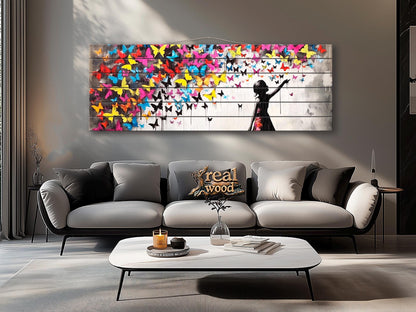 Wood Wall Art | Urban Street Art Print on Natural Wood Plank with Butterflies