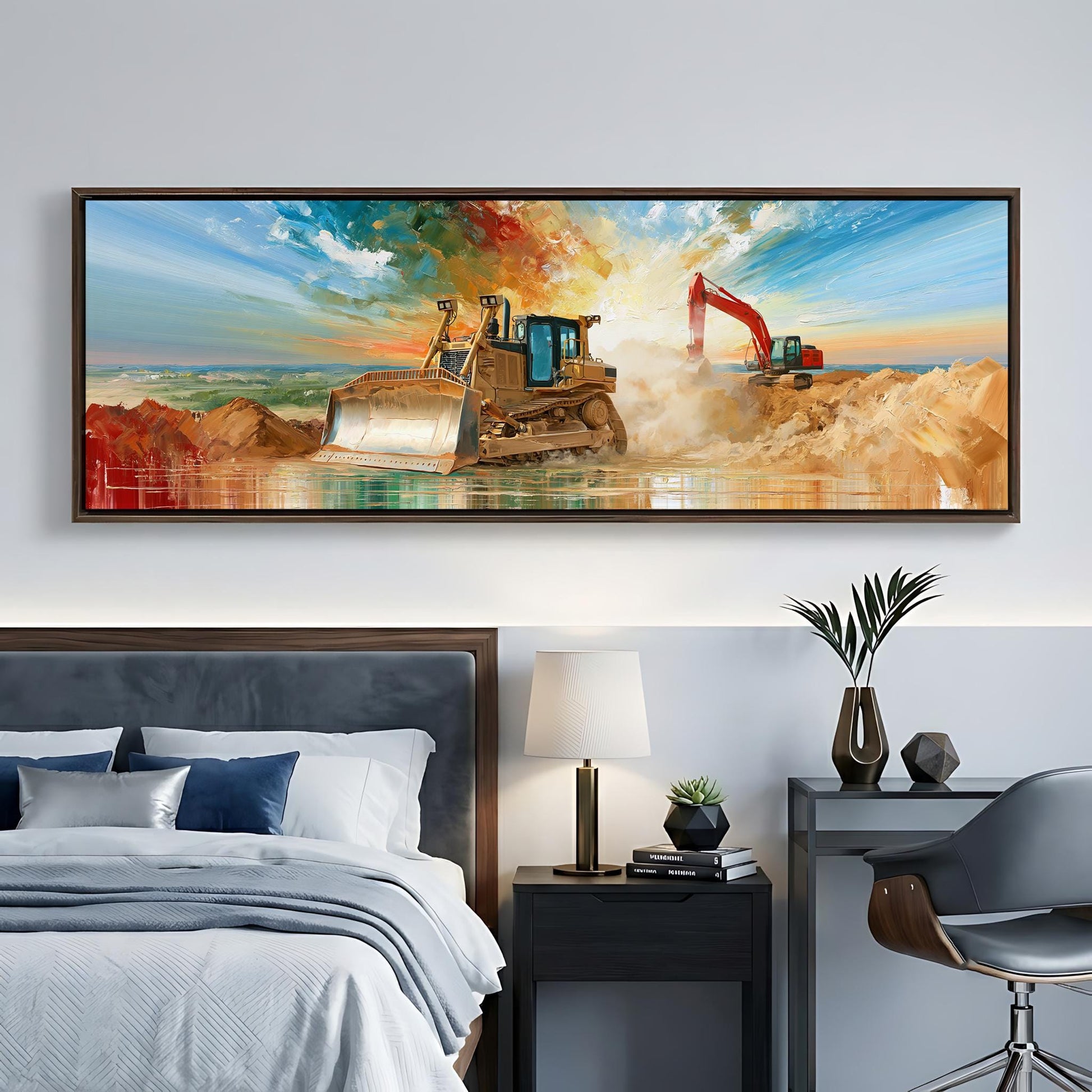 a large painting of a construction site with a bulldozer and excavator in the foreground, set against a colorful sky.