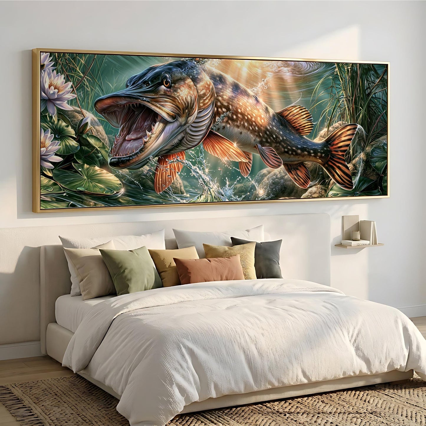 a large, colorful painting of a fish with an open mouth, hanging on a wall above a bed with white bedding.