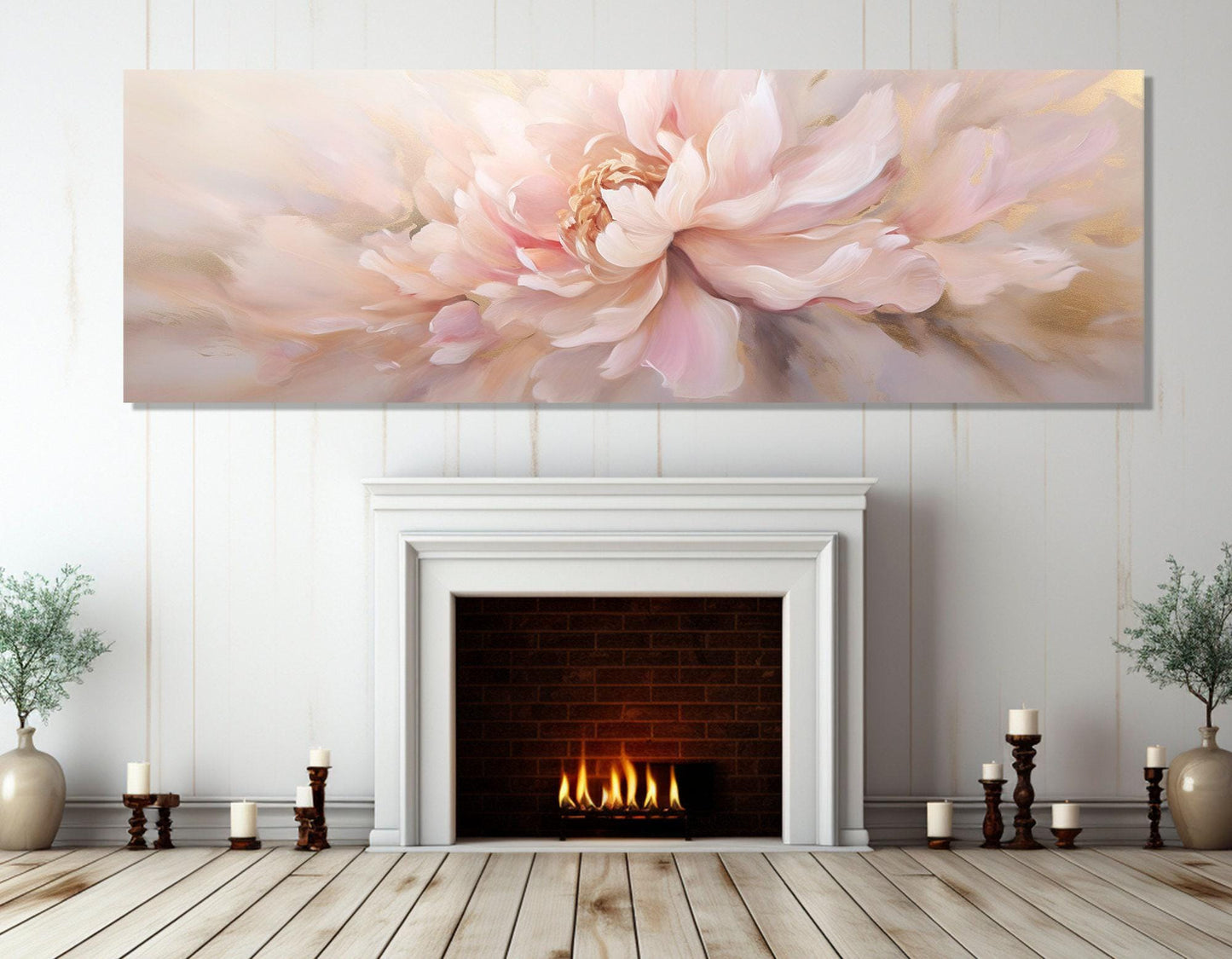 Peony Flower Painting - Framed Cotton Canvas Print | Panoramic Floral Wall Art