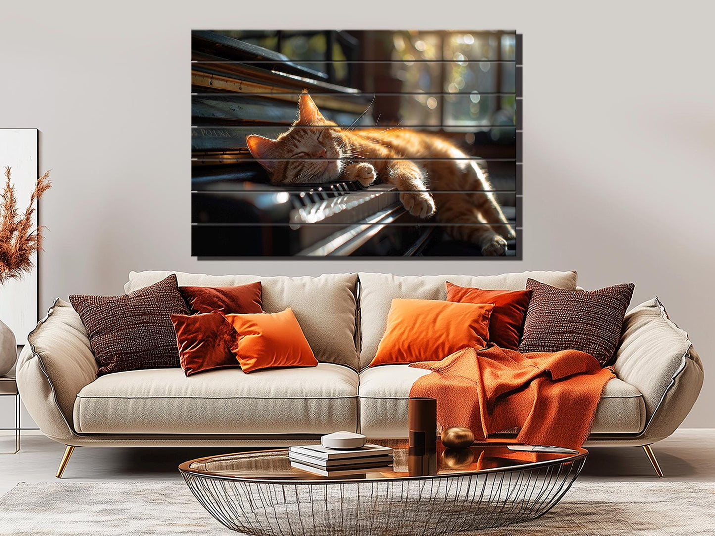 Wooden Wall Art – Orange Cat Sleeping On Piano | Natural Wood Print Decor