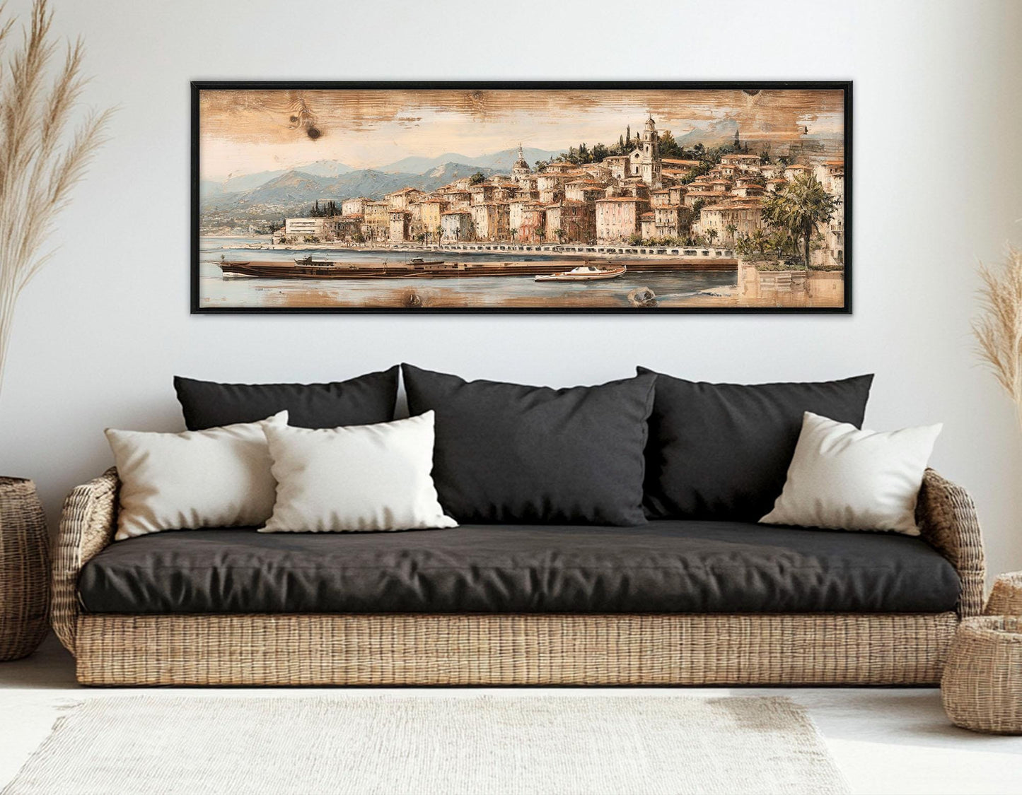Vintage Nice Coast Canvas Print, Retro French Riviera Painting, Framed and Ready to Hang