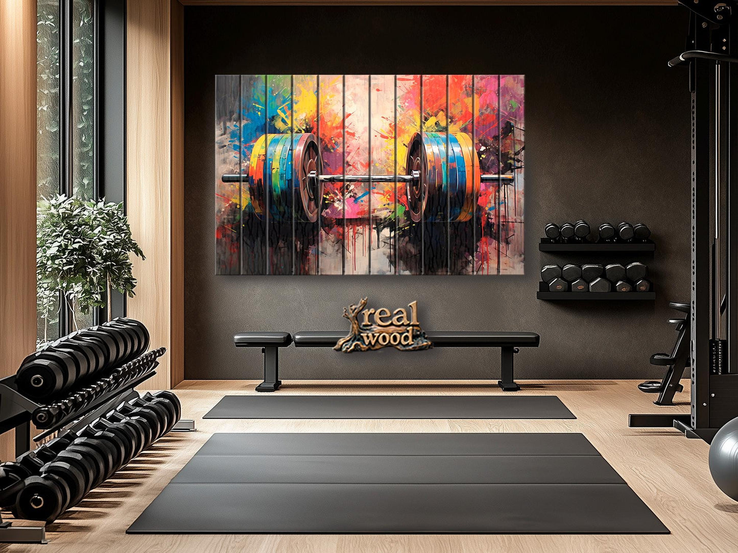 Barbell Wall Art – Abstract Wood Plank Painting | Gym Wall Decor, Motivational Gym Poster
