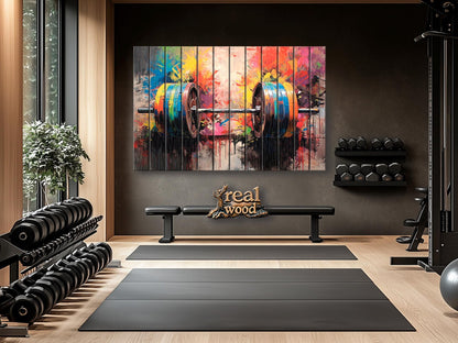 Barbell Wall Art – Abstract Wood Plank Painting | Gym Wall Decor, Motivational Gym Poster