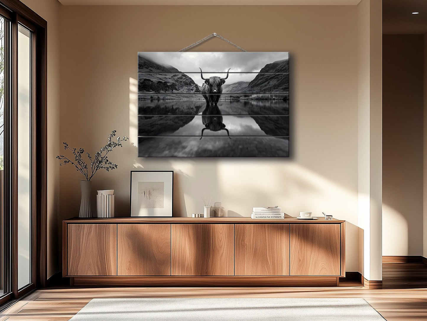 Wood Wall Art | Highland Cow Mountains Print on Natural Wood Planks - Rustic Farmhouse Decor