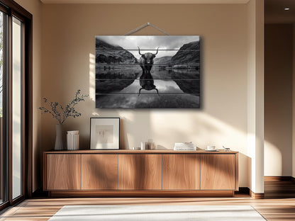 Wood Wall Art | Highland Cow Mountains Print on Natural Wood Planks - Rustic Farmhouse Decor