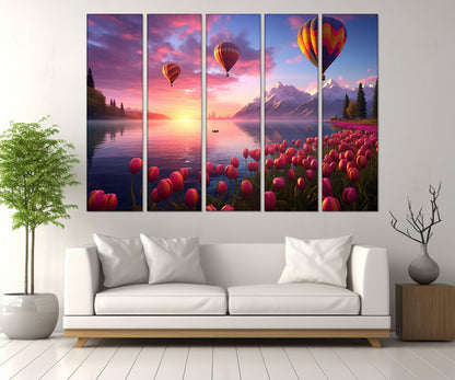 Air Balloons Canvas Print – Framed Lake Landscape Art with Pink Tulips